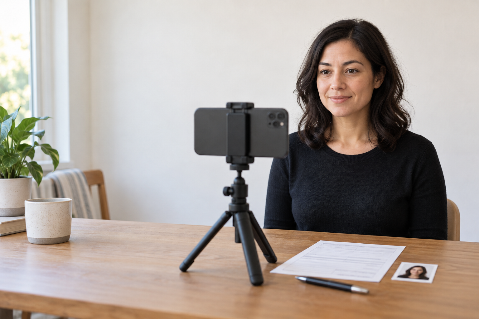 Applicant taking a passport-style photo with a phone on a tripod