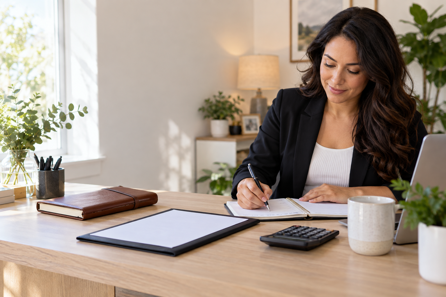 Independent notary planning appointments at a desk